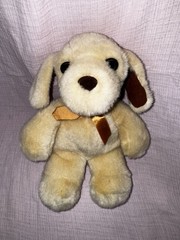 9 Inch Beige Tan Puppy Dog Plush Brown Nose Sleepy Eyes Yellow Bow Tie Long Ears