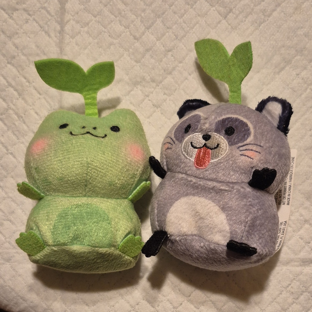 Sakuties Grow A Smile Mini Plush Stuffed Animals Lot of 2 Green Sprout & Gray