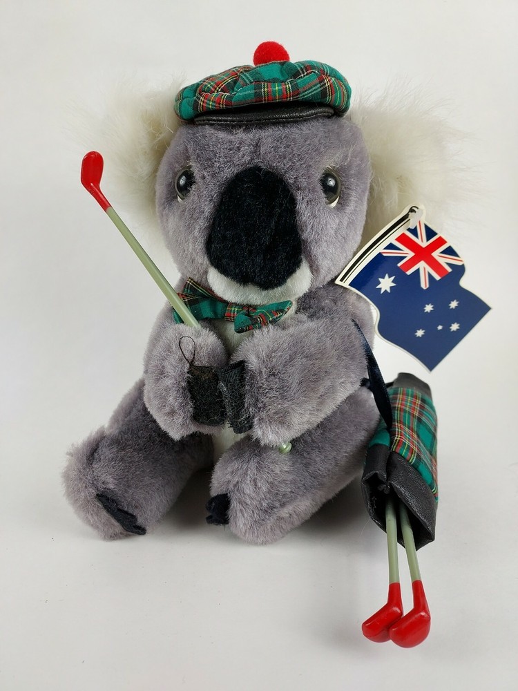 Golf Koala Bear With Plaid Tie And Hat. C.A. Australia Plush Stuffed Animal