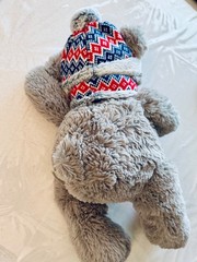 Grey plush stuffed teddy bear with red white and blue hat