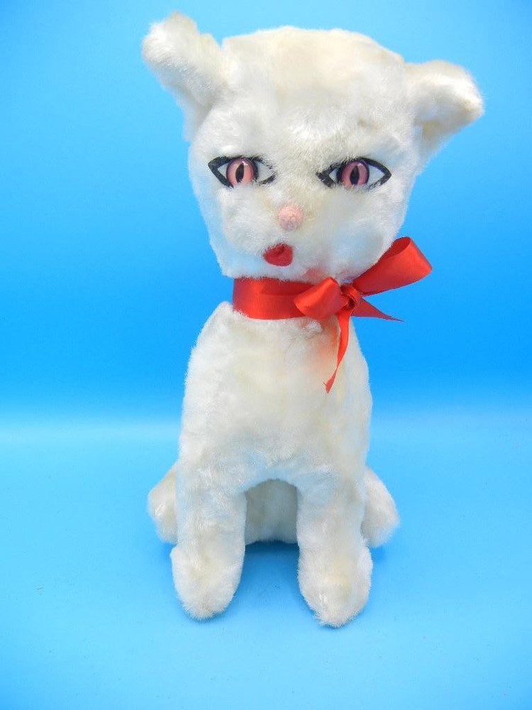 Vintage RUSHTON Tagged Plush Toy White Sitting Cat Pink Eyes