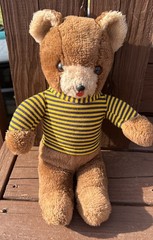 Vintage Elka Toys Brown Teddy Bear Plush 14”Yellow Black Striped Sweater Korea