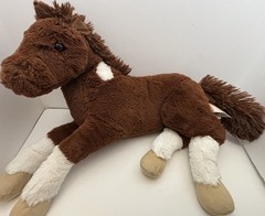 Horse Plush Lying On Side Brown White 2016 MTY Intl 18” Pony Shiny Fur Very Soft