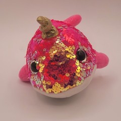 Fiesta Narwhal Plush Sequin Flip Stuffed Animal Toy Pink Gold 8″ Big Eyes