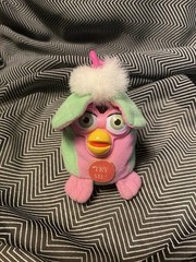 Vintage 1999 Talking Furby Keychain Backpack Clip Plush, Pink And Green