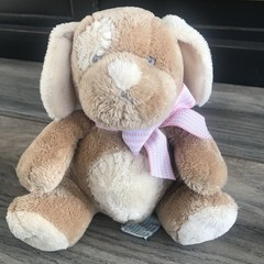 Russ Berrie Baby Mocha Tan Brown Puppy Dog Plush Animal Lovey Rattle Pink Bow