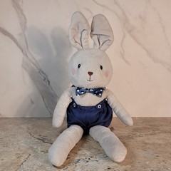 SPARK CREATE IMAGINE GRAY BUNNY RABBIT IN BLUE OVERALLS BOWTIE RATTLE PLUSH