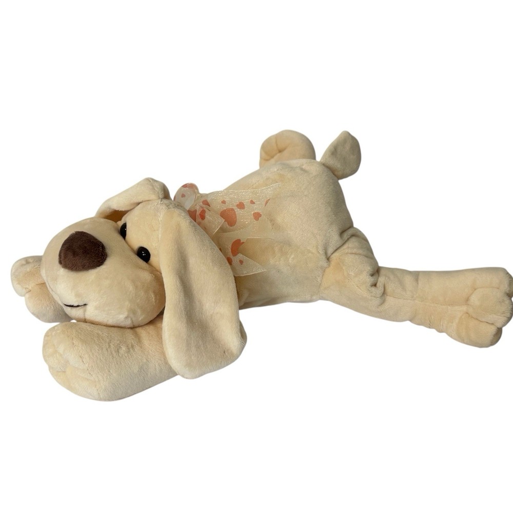 Vintage Chosun Plush Puppy Cream Yellow Dog Laying Floppy Heart Bow Beanie 14″