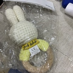 Just Dutch Miffy Bunny Rabbit Crochet Plush Rattle Wooden Ring Yellow White 7″