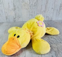 Kellytoy Yellow Duck w/ Pink Flower Sheer Bow Laying Down 15” Floppy Plush
