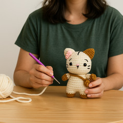 Sutra Crochet Kitty Plush – Cream Cat with Bow & Bag | Soft Toy Gift for Kids
