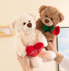 Teddy Bear Stuffed Animal with Rose, Soft Teddy Bear Plush Brown With Rose