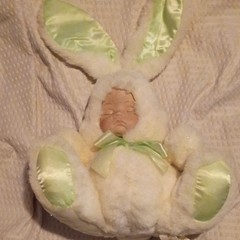 House of Lloyd 1992 Porcelain Easter Bunny Rabbit Doll White Green Soft Body