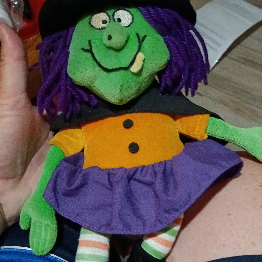 Halloween Witch Plush Doll Soft Green Face Purple Hair Black Hat Orange Dress