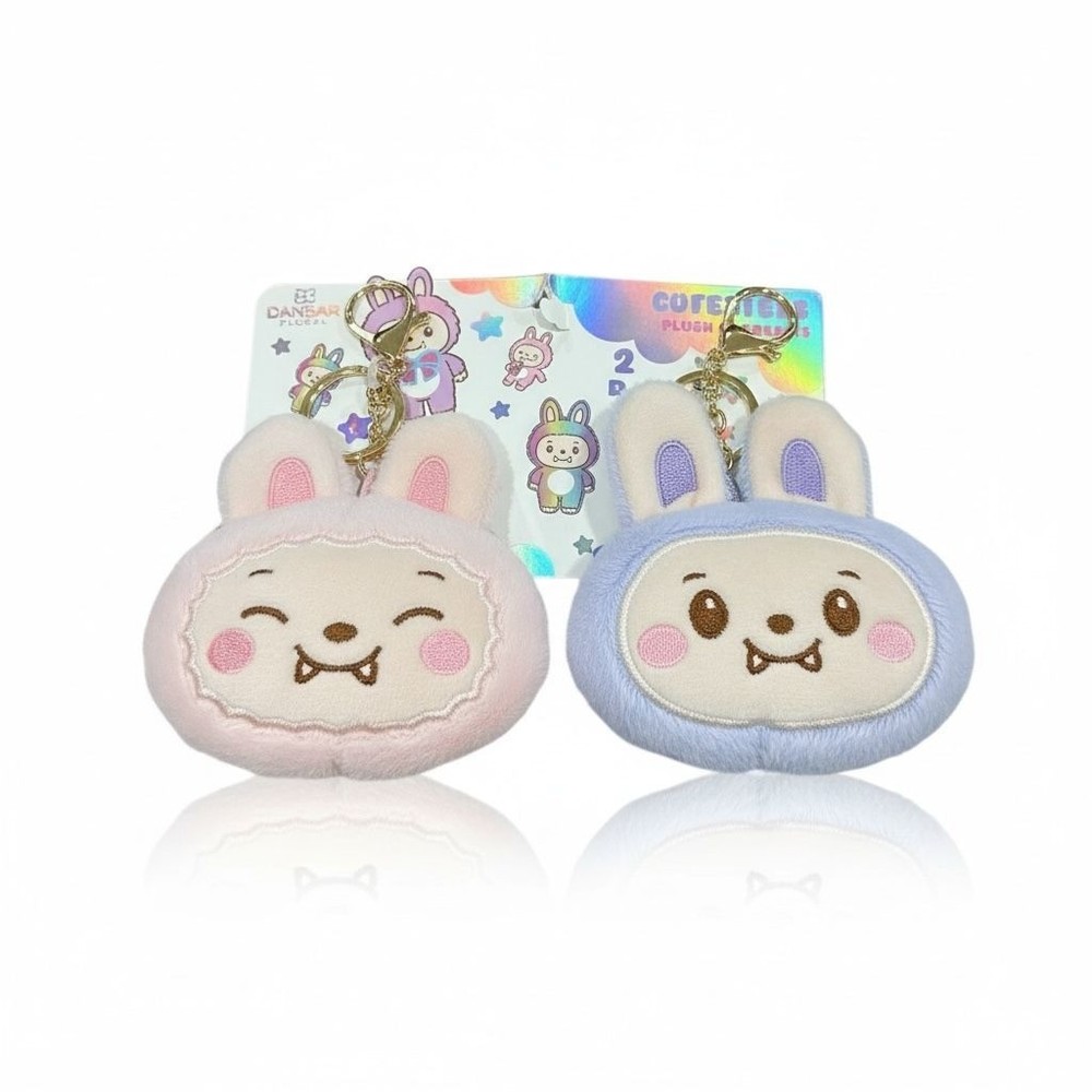 Cute Bunny Plush Keychain Set – Pink & Blue Danbar Korea Soft Fuzzy Material Ado