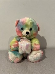 MJC Corp Pastel Rainbow Teddy Bear Plush Holding Gift Box Stuffed Animal 8–10″