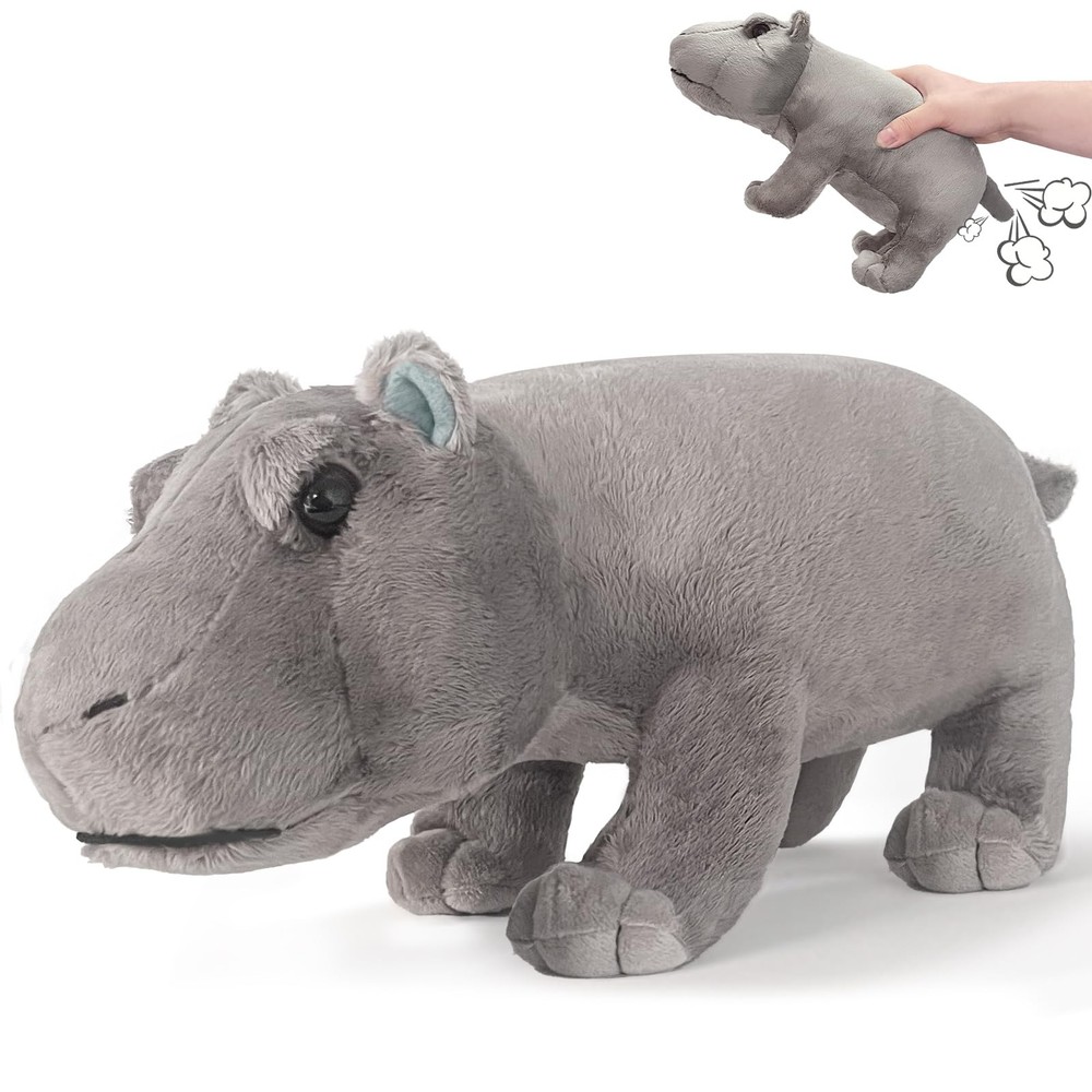 Hippo Plush Toy, 5.9 inches (W) x 11.8 (L) x 3.5 (H), Grey